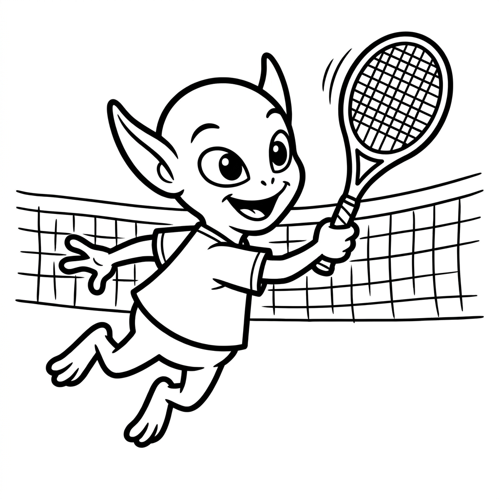 Baby Yoda coloring page playing tennis with a big racket